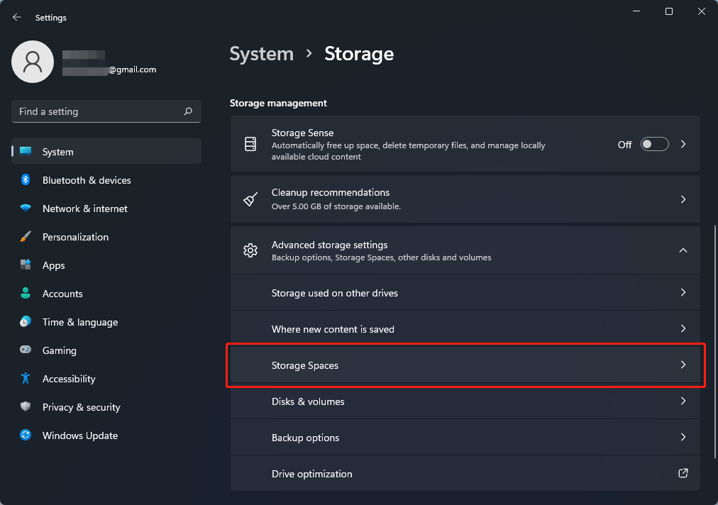 choose Storage Spaces in Windows 11 Settings