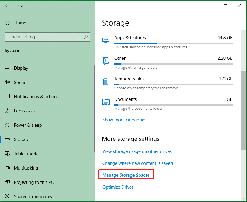 manage storage spaces in Windows 10 Settings