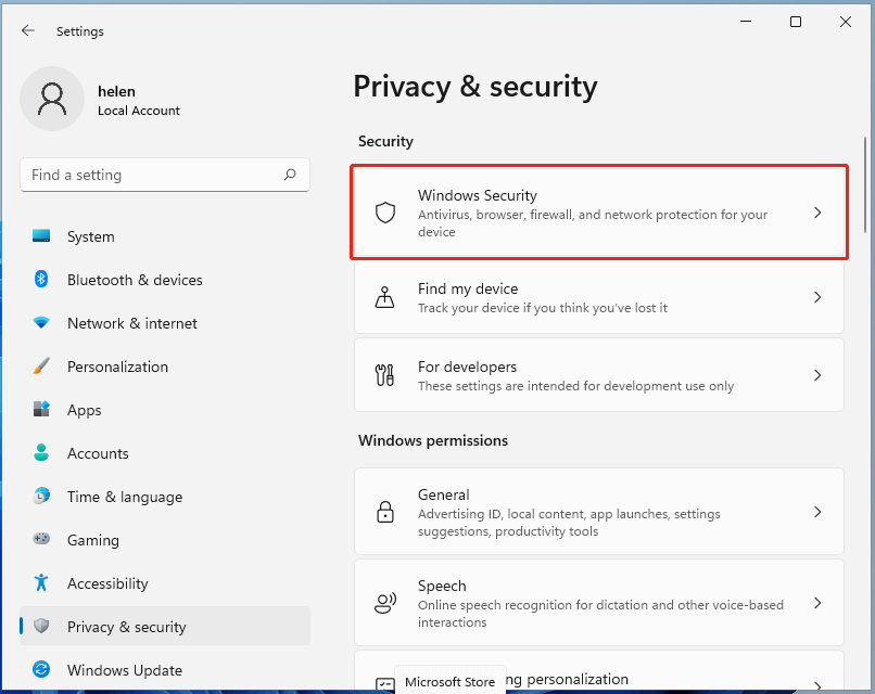 select Windows Security in Windows 11 Settings