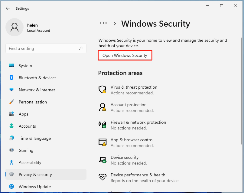 choose Open Windows 11 Security option