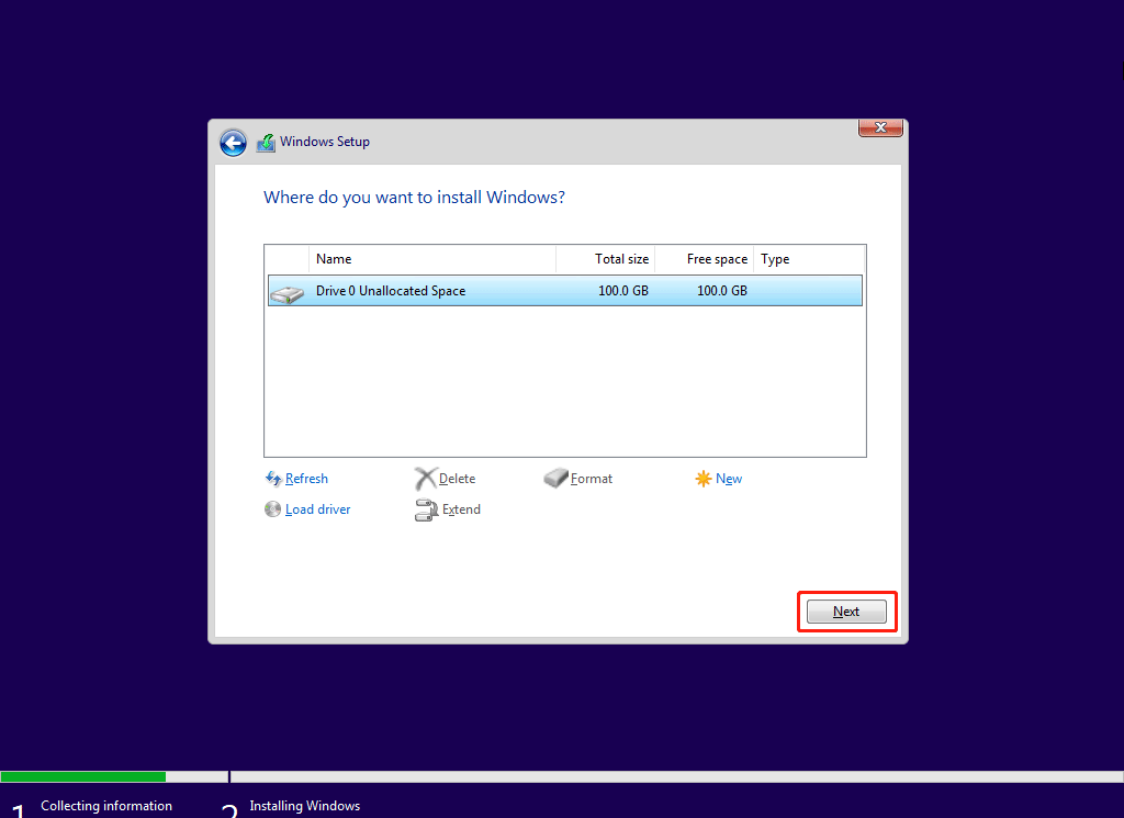 select the unallocated space in drive 0