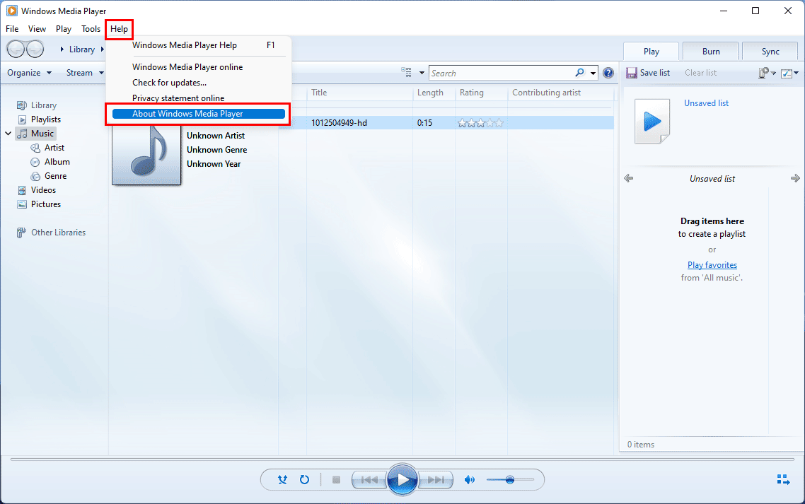 click about Windows Media Player