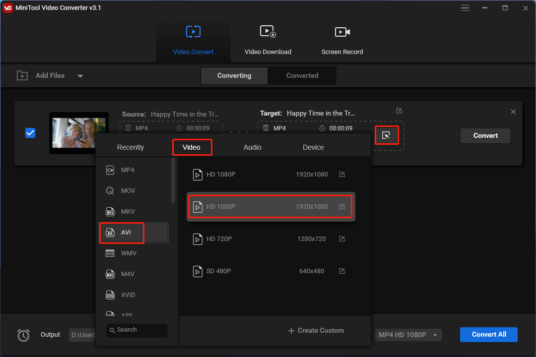 select output video format and resolution