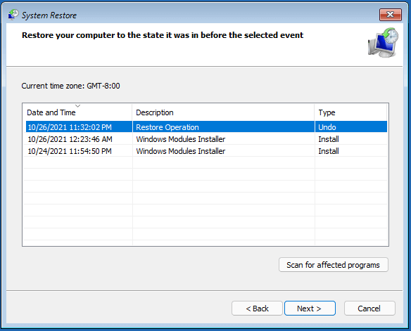 restore your computer to the state it was in before the selected event