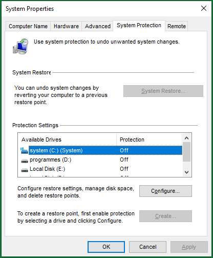 System Protection details