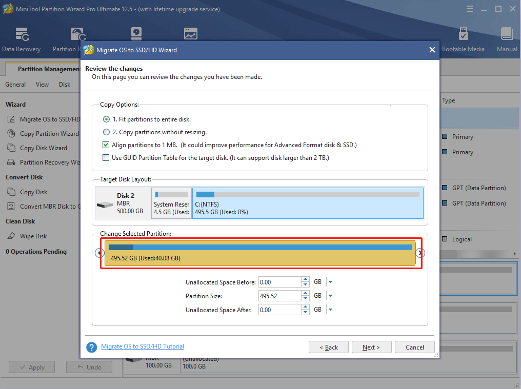 choose right copy options and adjust the target disk layout