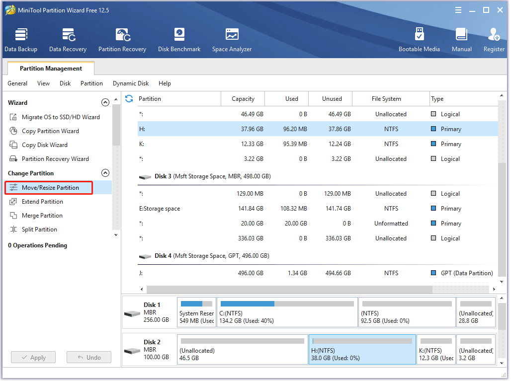 move or resize partition