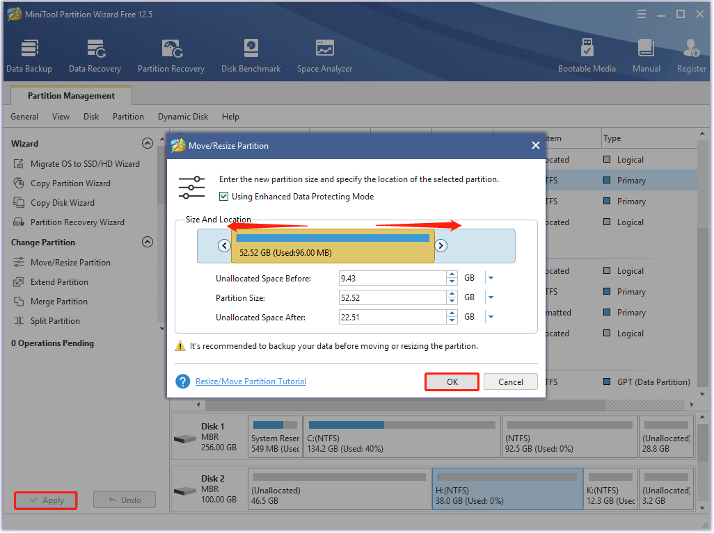 configure move resize partition settings and execute the operation