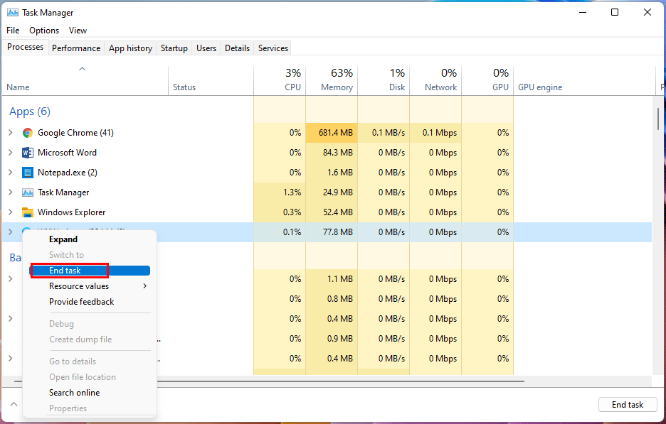 Force close applications using Task Manager