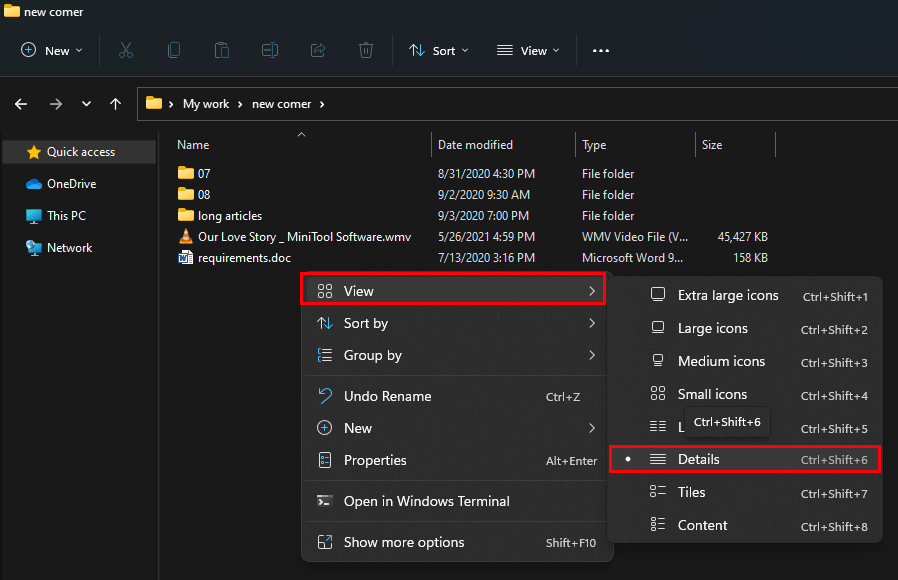 view files or folders in details