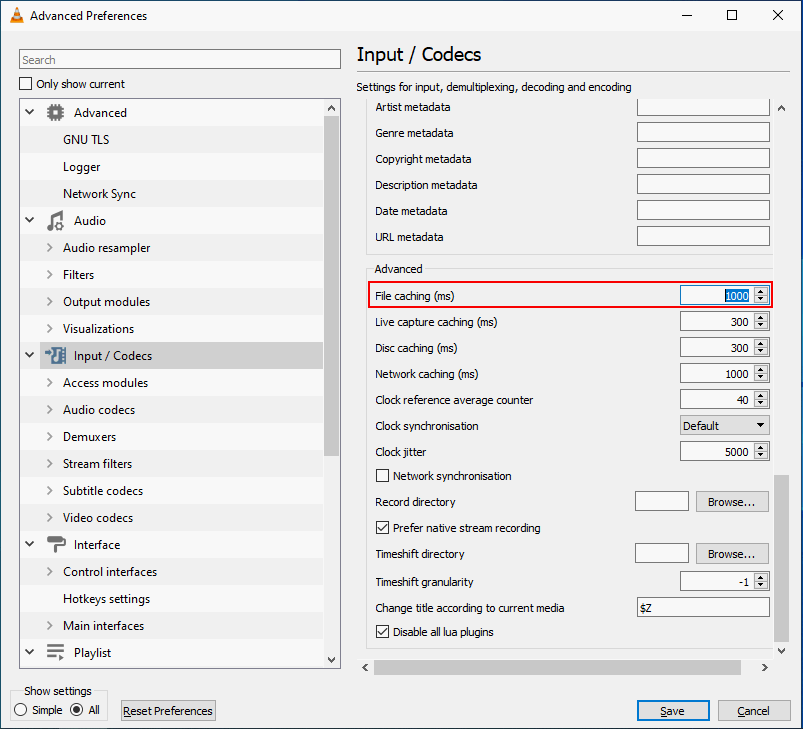 File caching (ms) value