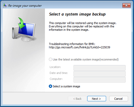 select a system image backup