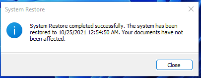 system restore completed successfully