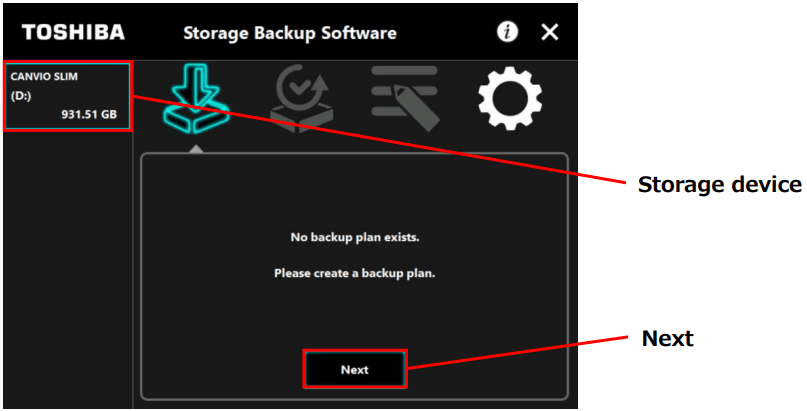 select storage device in Toshiba backup software