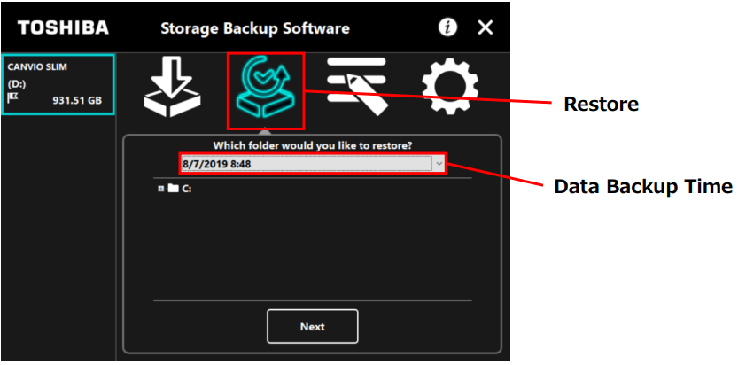 choose restore date in Toshiba backup software