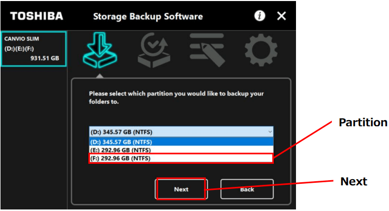 select target partition in Toshiba backup drive software