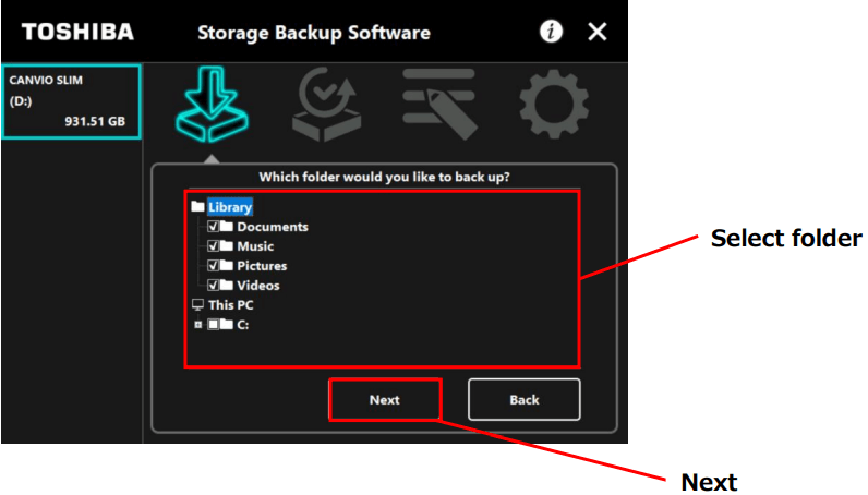 choose source folders in Toshiba backup software