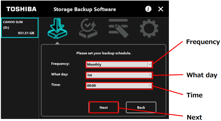set up a backup plan in Toshiba backup software