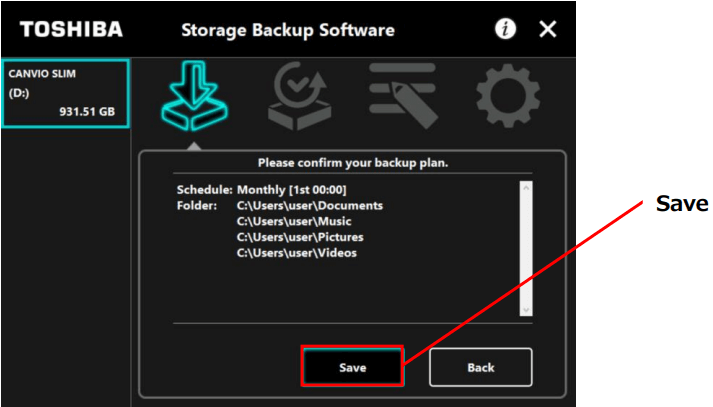 save backup plan in Toshiba backup software