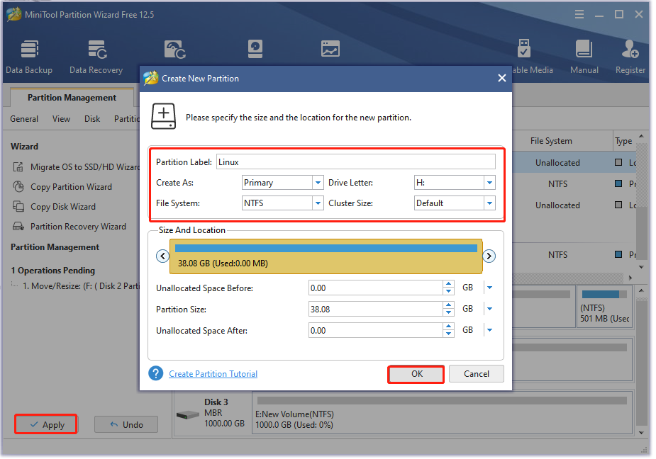 create a new partition using the MiniTool software