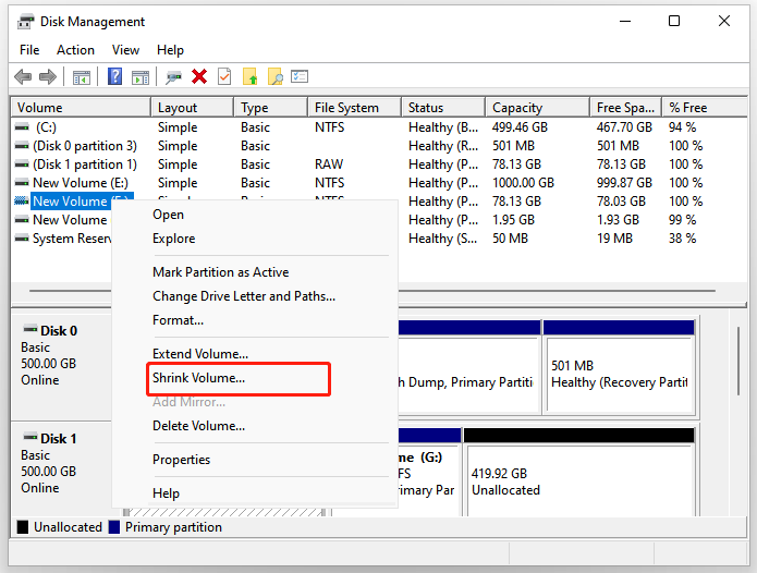 select shrink volume in Windows 11 Disk Management