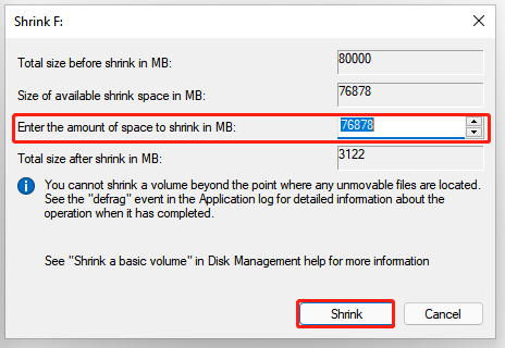 click on Shrink in Disk Management