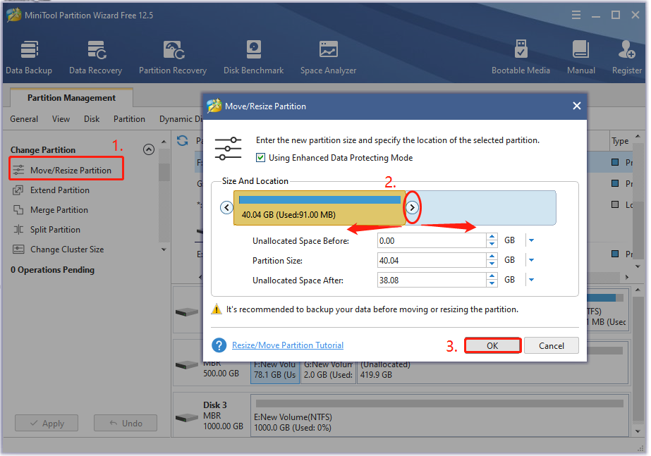 shrink volume using MiniTool Partition Wizard