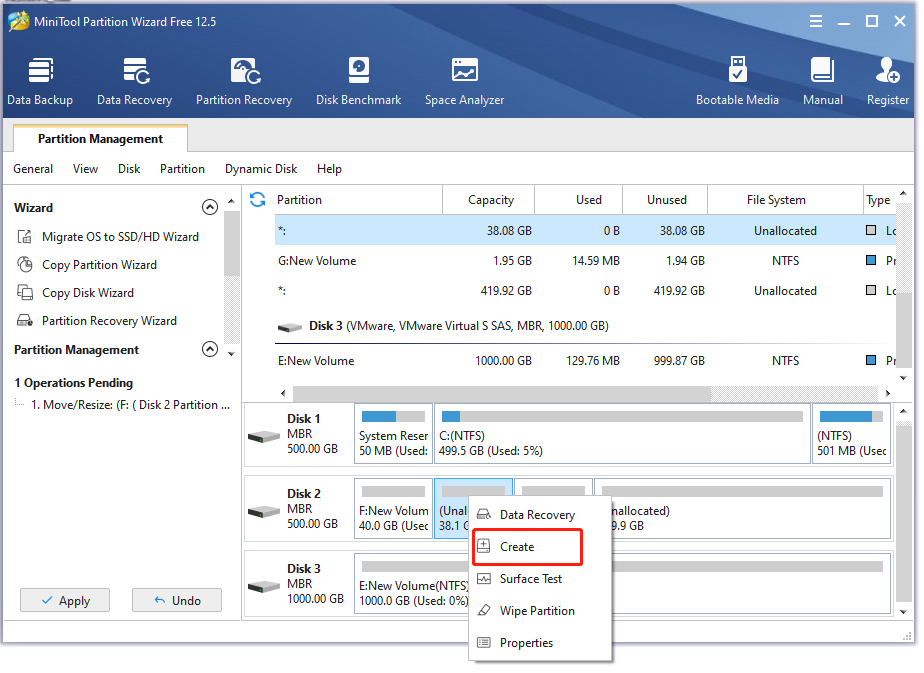 select Create in MiniTool Partition Wizard