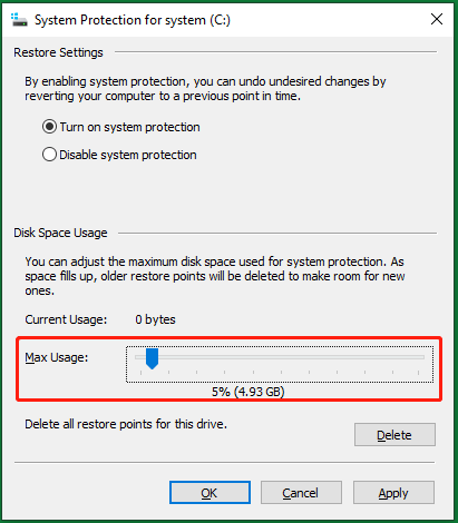 adjust disk space usage