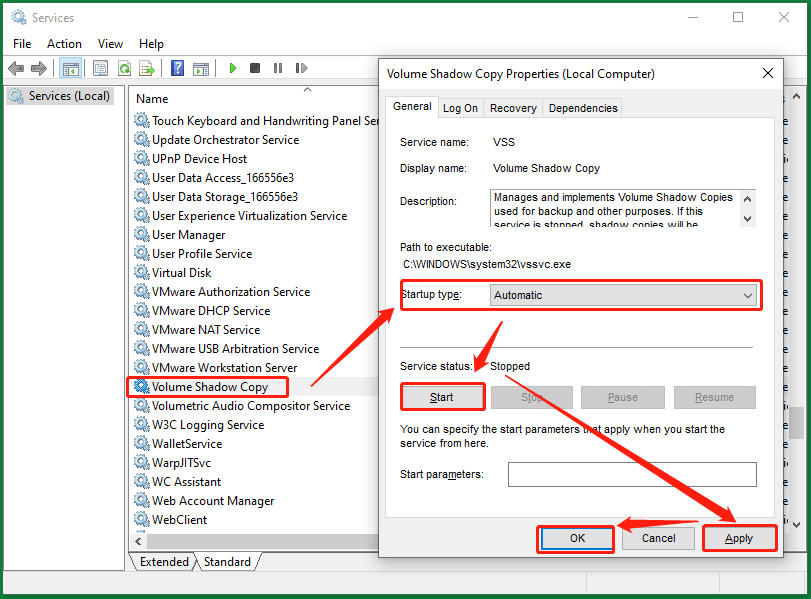 set Volume Shadow Copy service to automatic