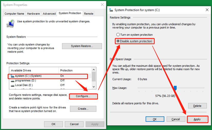 turn off system protection for disk C