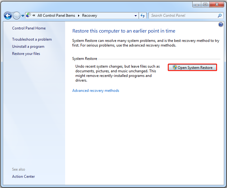 choose Open System Restore to continue