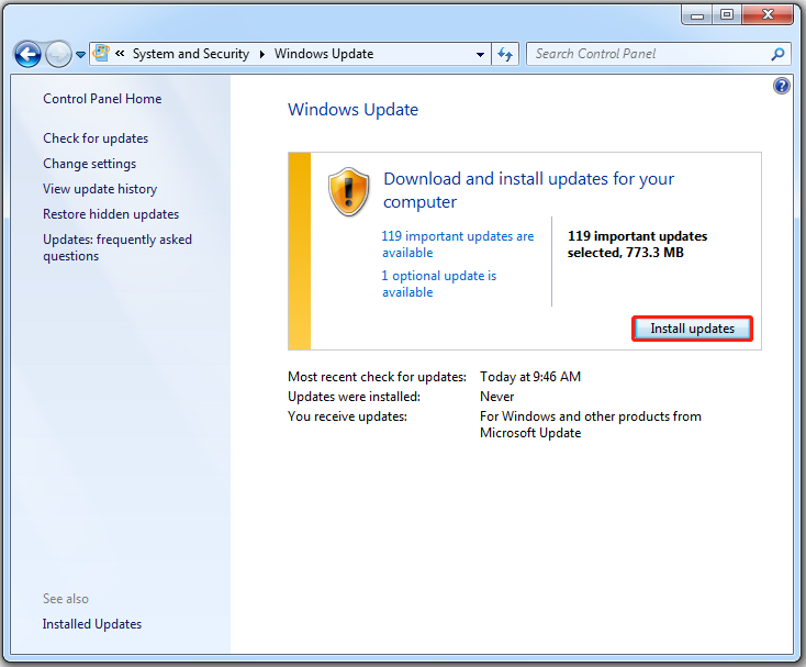 click the Install updates button
