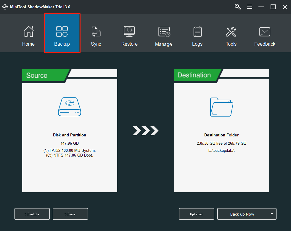 go to the Backup page