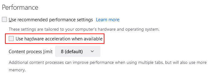 Disable hardware acceleration Firefox