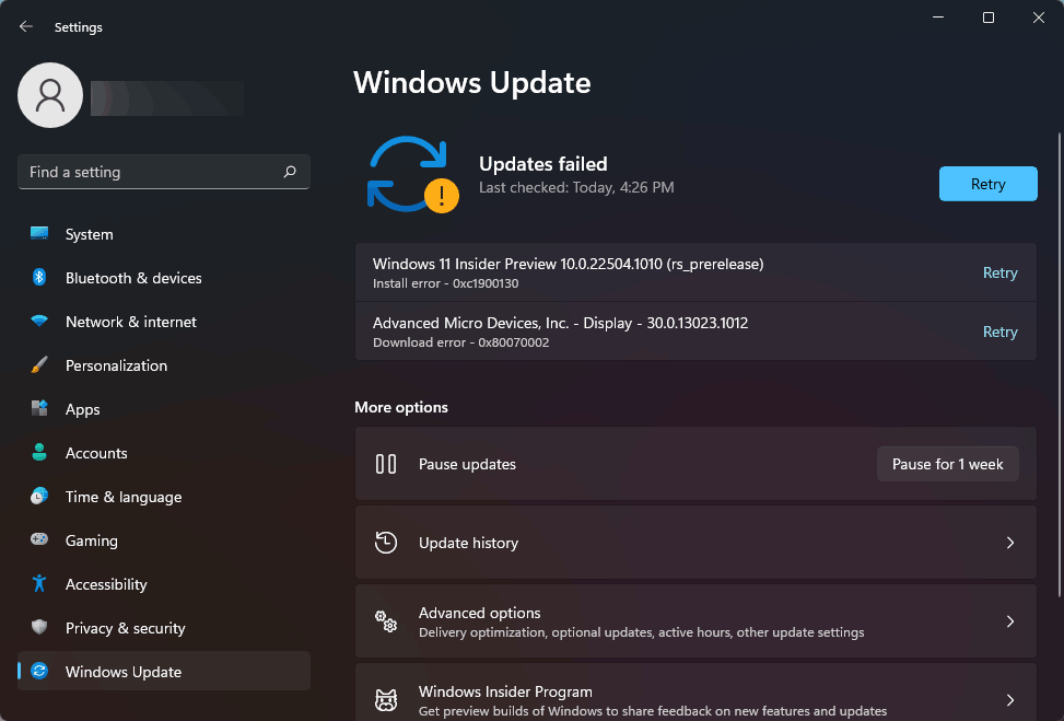 Updates failed error in Windows Update