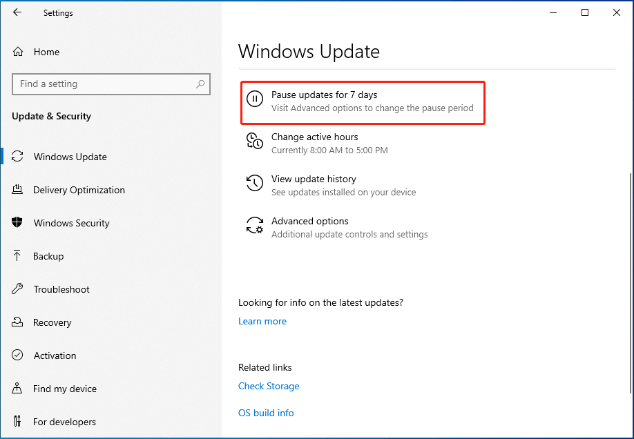 pause updates for 7 days on Windows 10