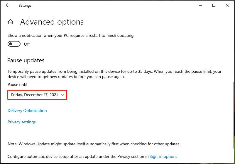 pause updates for up to 35 days on Windows 10