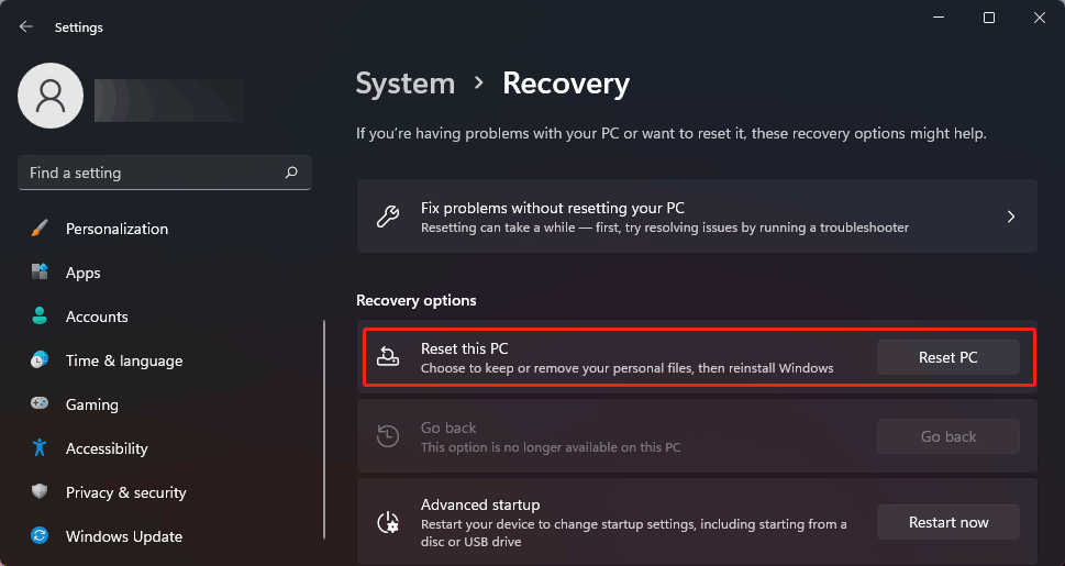 reset this PC on Windows 11