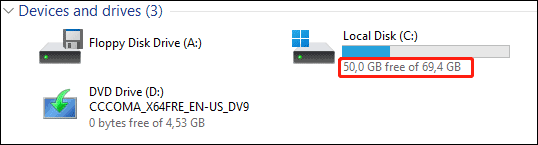 check the free space on drive C on Windows 10