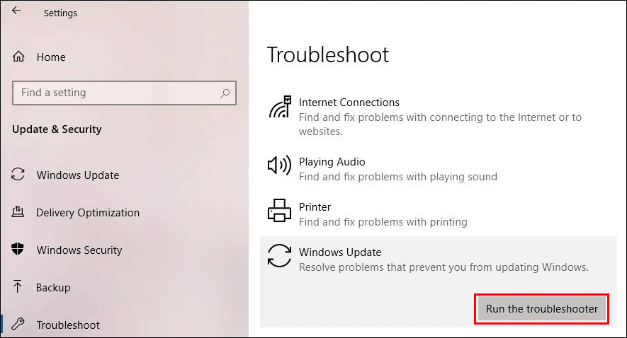 run Windows Update troubleshooter on Windows 10