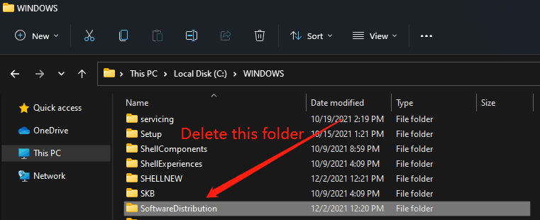 delete the SoftwareDistribution folder