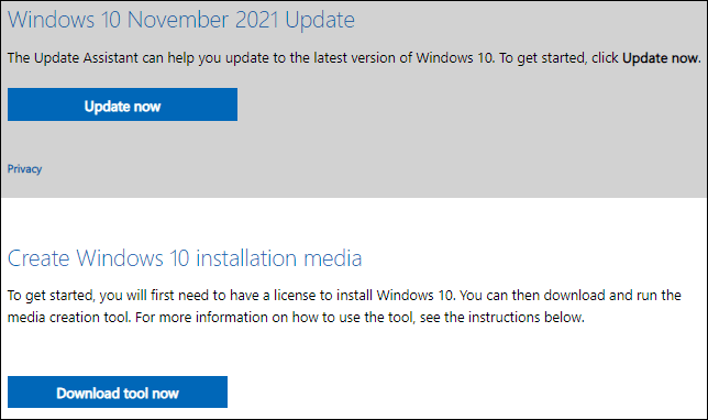 Windows 10 software download page