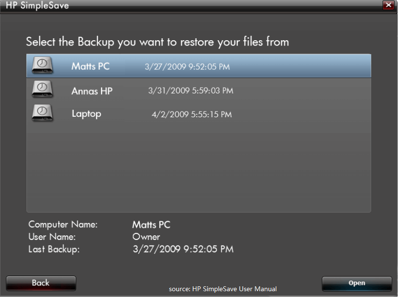 HP SimpleSave select backup to restore