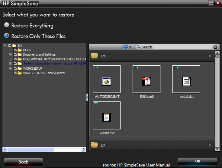 HP SimpleSave choose specific files to restore