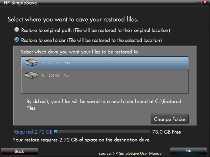 HP SimpleSave restore location