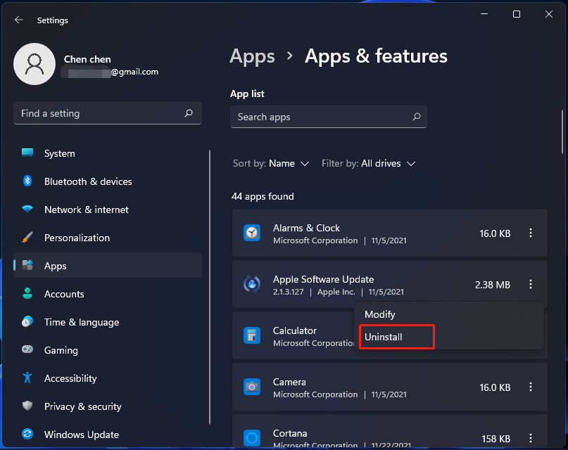 uninstall app Windows 11