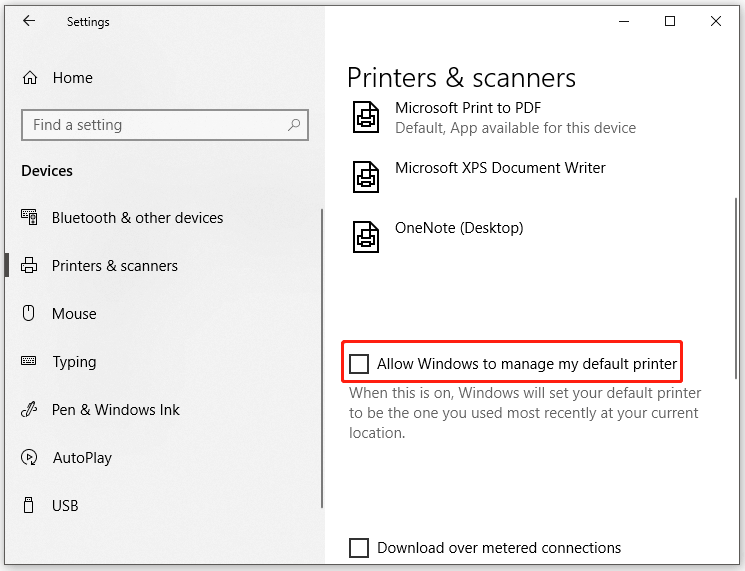 Allow Windows to manage my default printer