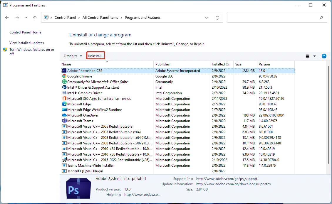 uninstall program in Windows 11 Control Panel