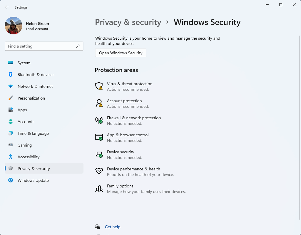 Windows 11 security settings